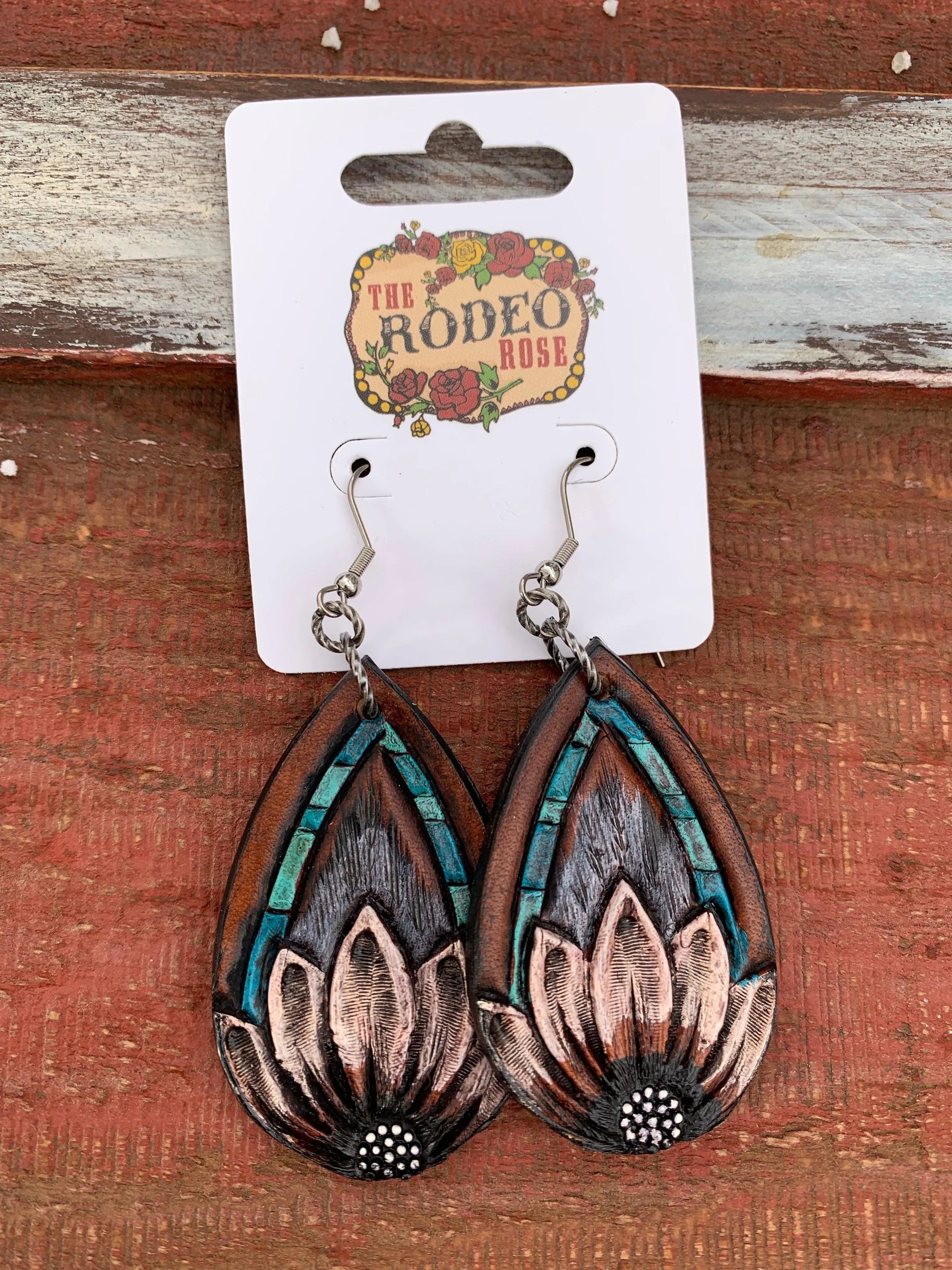 The Tad Hand tooled Leather Earring with Turquoise Border The Rodeo Rose