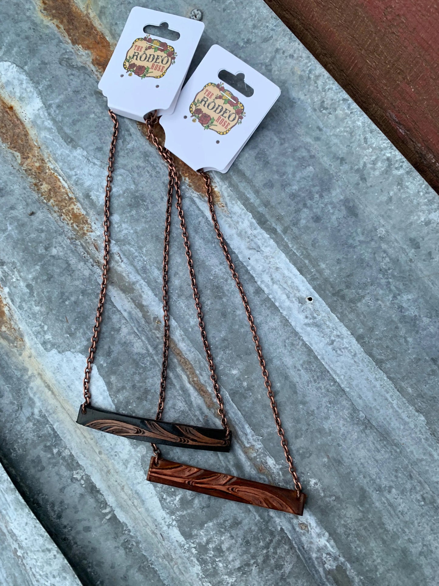 Vera Bar  Hand tooled Leather Necklace The Rodeo Rose